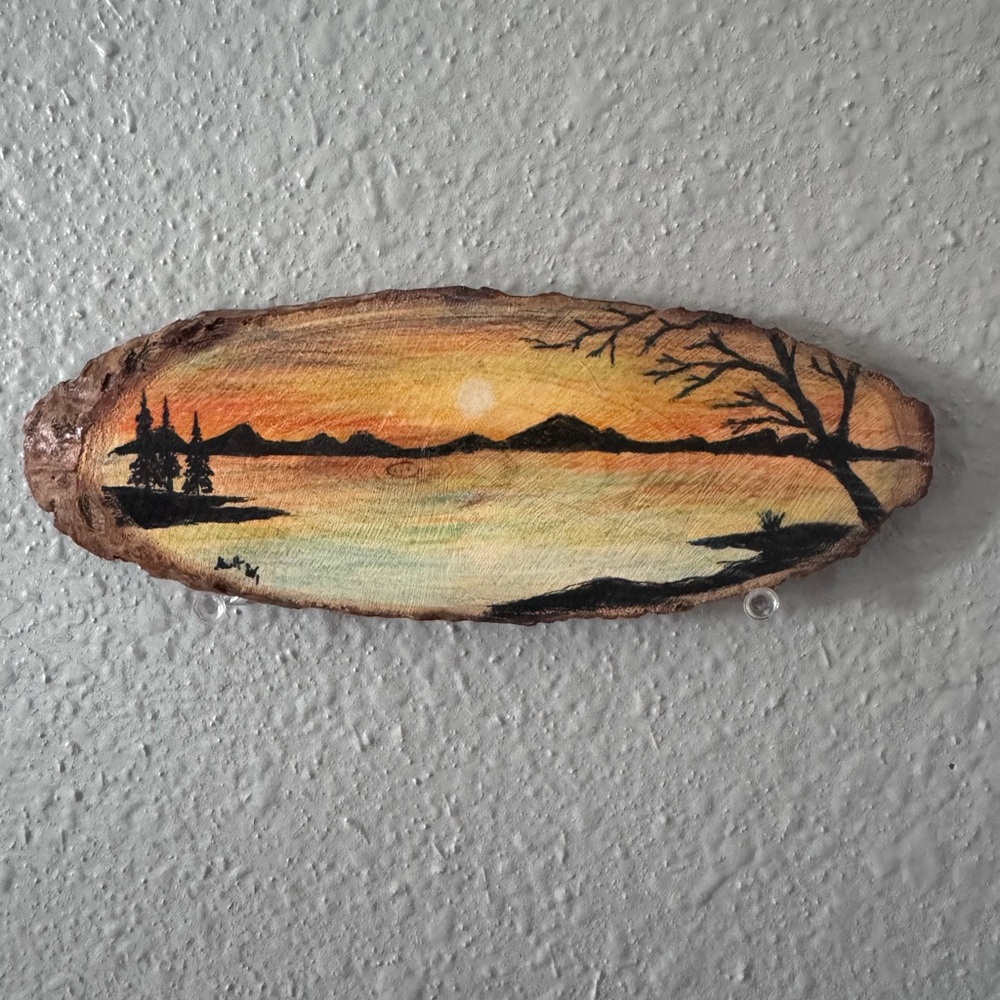 Hand-Painted Landscape on Wood Slice